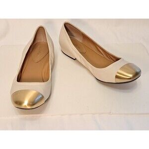 Calvin Klein Fiana Leather Ballet Flats Beige With Gold Cap Toe Slip On Size 8.5